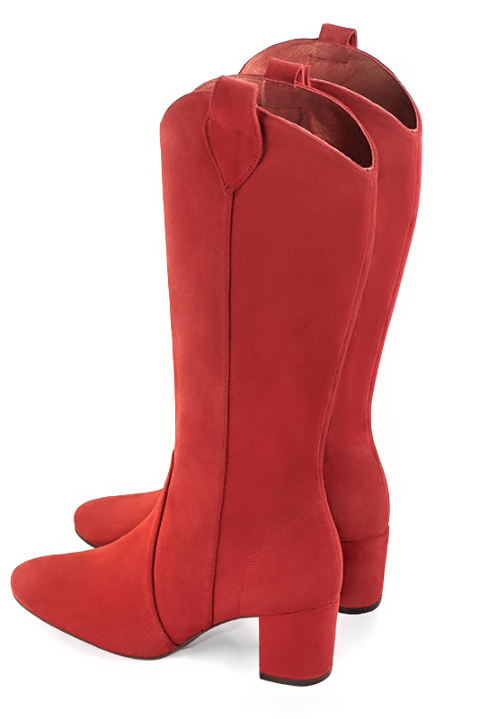 Scarlet red women's mid-calf boots. Round toe. Medium block heels. Made to measure. Rear view - Florence KOOIJMAN